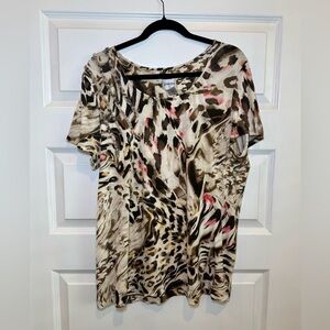 Chico's Brown Animal-Print Short Sleeve Top with Pink Accents
